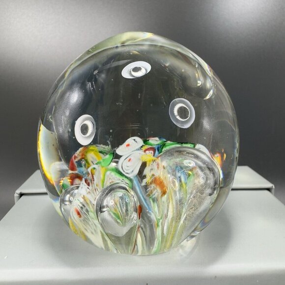 Hand Blown Art Glass Paperweight With Large Bubbles Multicolored Millefiori VTG - Picture 8 of 12